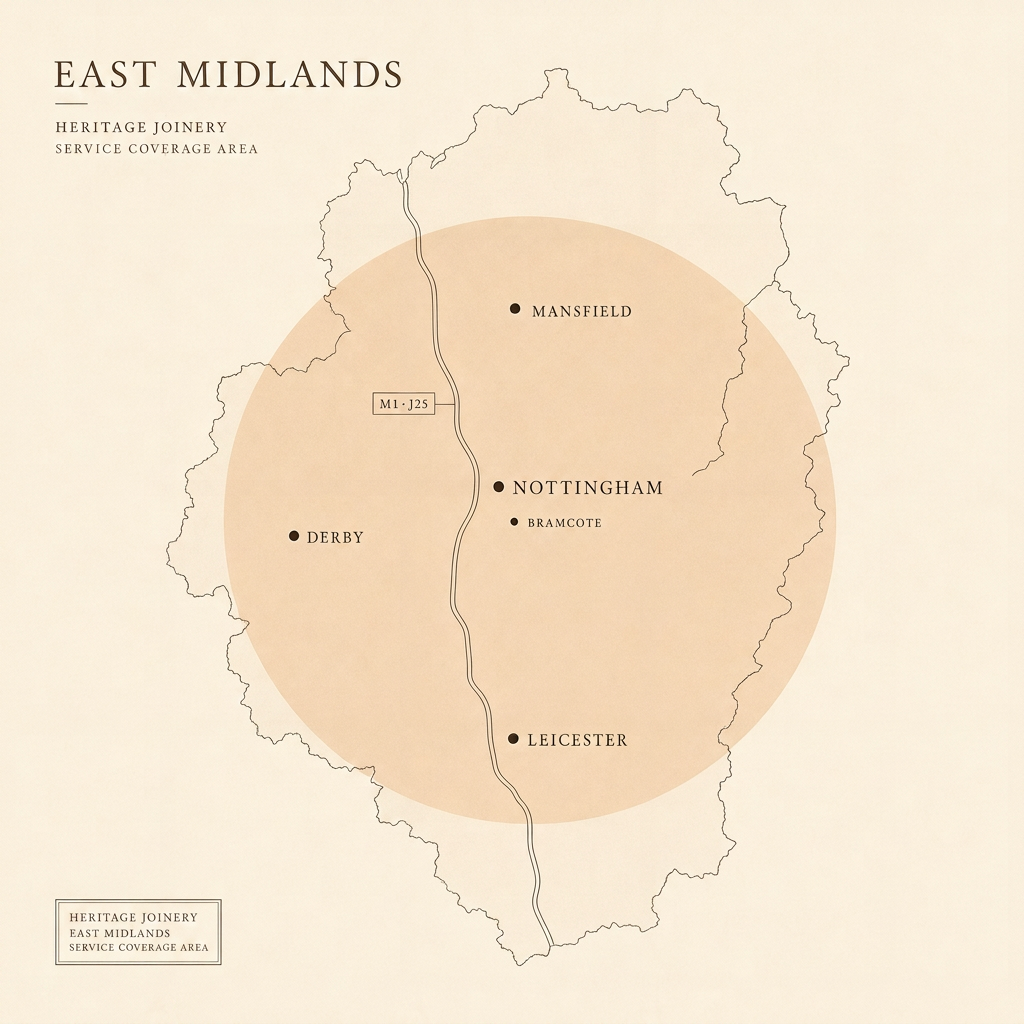Map of LMB Joinery's service area covering Nottingham, Derby, Leicester and Mansfield, centred on junction 25 of the M1